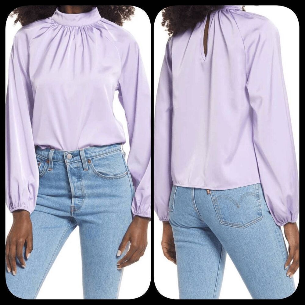 Open Edit Women’s XXS Lilac Purple Mock Neck Blouse Balloon Sleeve Keyhole Back